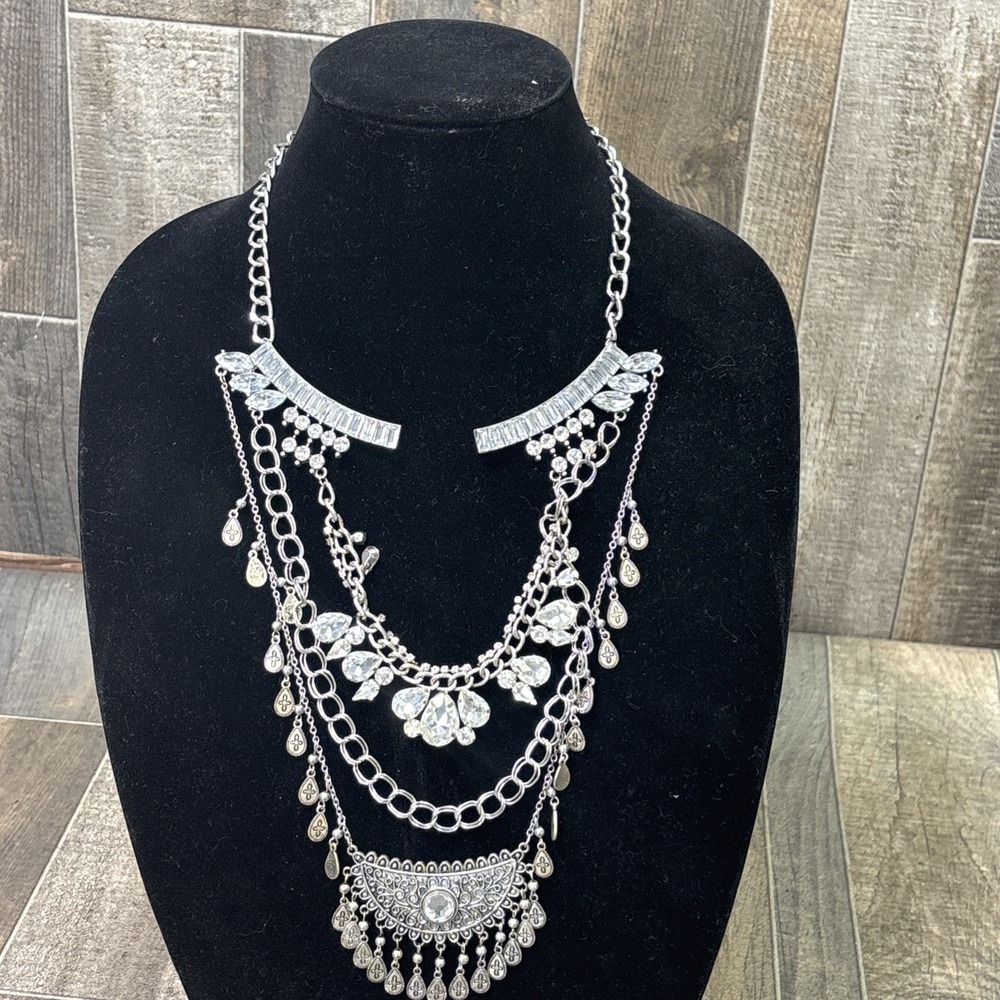 Vintage Bohemian Bib Necklace Silver Tone Multi Tier Chain Rhinestone Statement